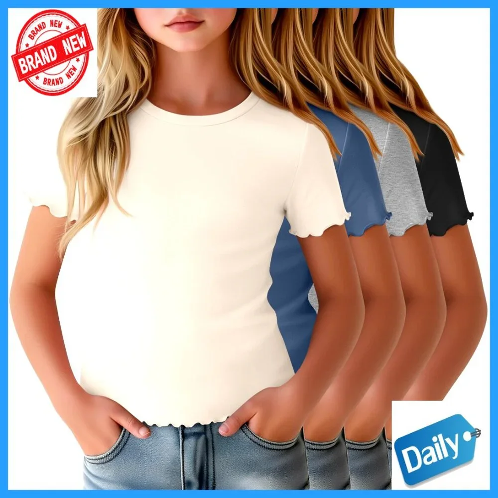 4 Pack Girls Short Sleeve Tees Slim Fit Lettuce Trim Crewneck Summer Tops - Picture 1 of 6